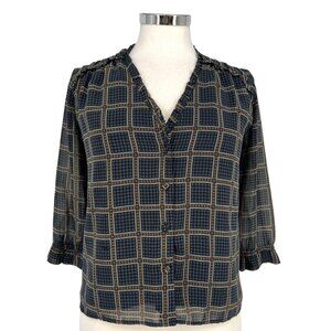 DRA Anthropologie Geometric Print V-neck Blouse Navy Blue Size XS